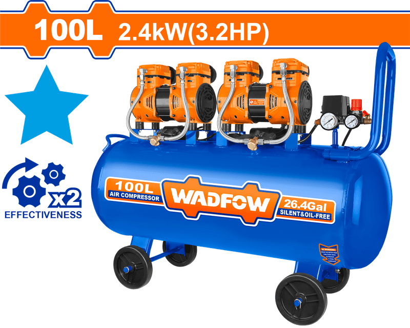WADFOW COMPRESSEUR D'AIR SILENCIEUX 2*1200W  3.2HP 100 LTR WAP2R41 — Photo 1
