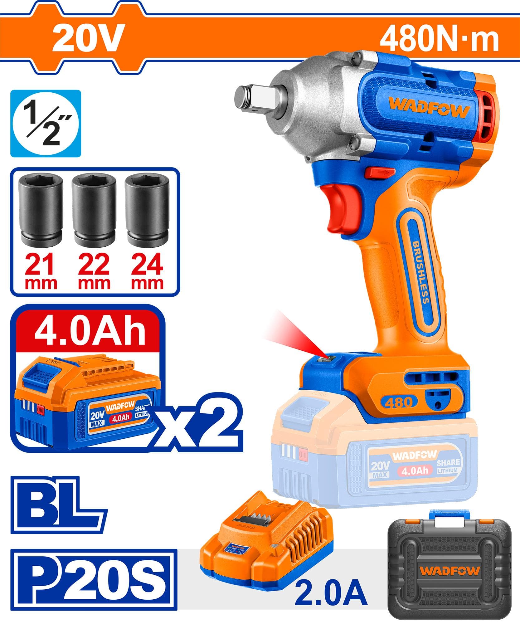 Clé à choc sans fil 20V WADFOW avec moteur brushless WCD1B483