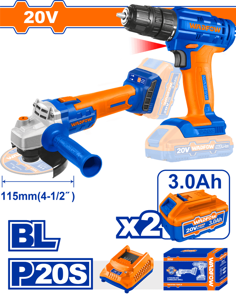 WADFOW KIT MEULEUSE S/F 20V  115MM + PERCEUSE 13MM WCK20512
