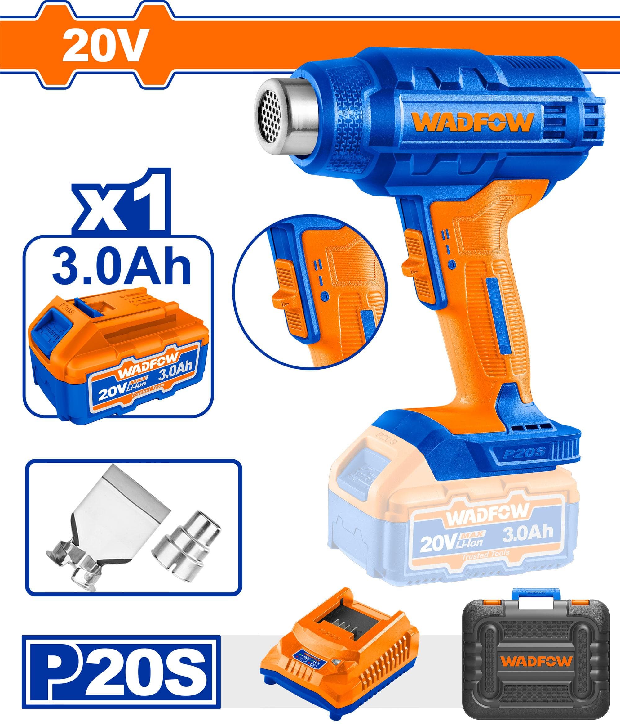 WADFOW PISTOLET THERMIQUE SANS FIL 20V AVEC BATTERIE ET CHARGEUR WKH1B01