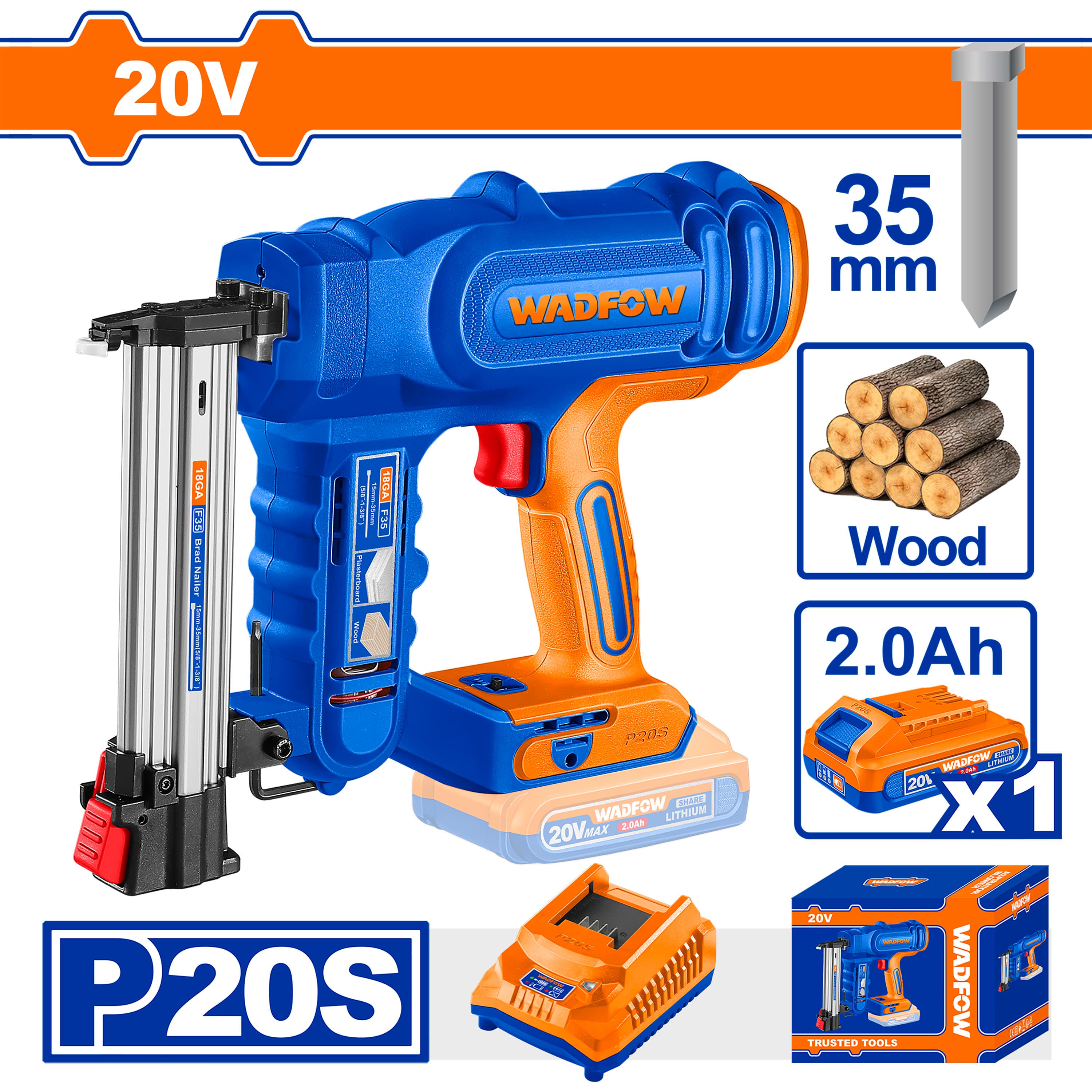 WADFOW Kit de cloueuse à pointes sans fil P20S/20V Lithium-Ion avec 1 batterie et 1 chargeur WBJ1308 — صورة 1