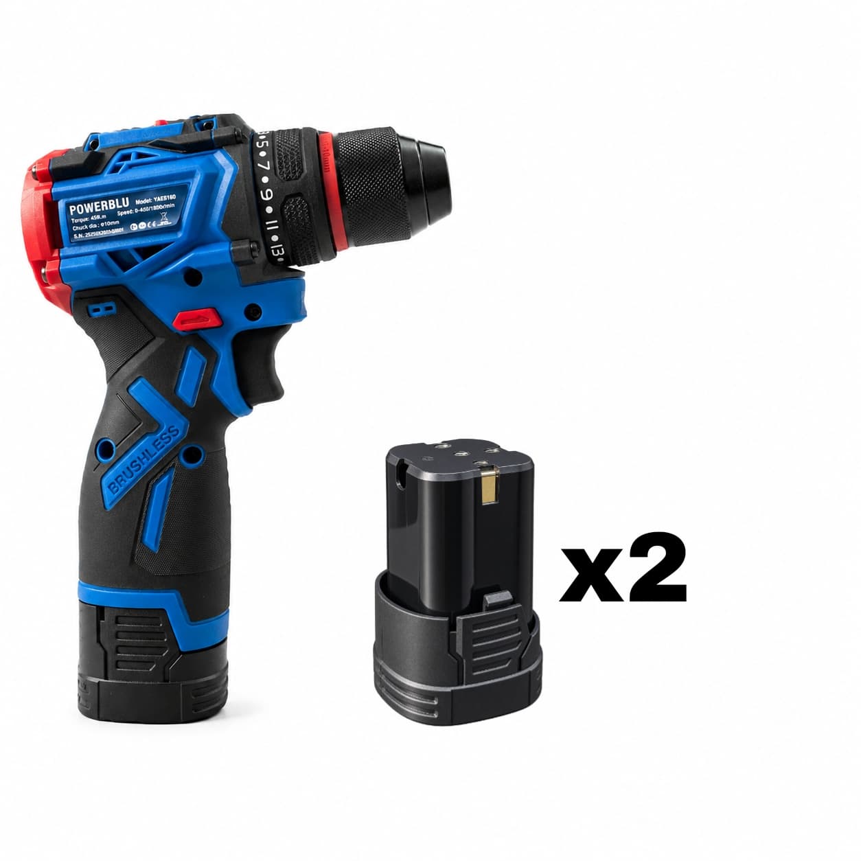 POWERBLU Visseuse perceuse Brushless sans fil 16.8V avec 2 batteries lithium-ion 2.0Ah YAE6160 — Photo 1