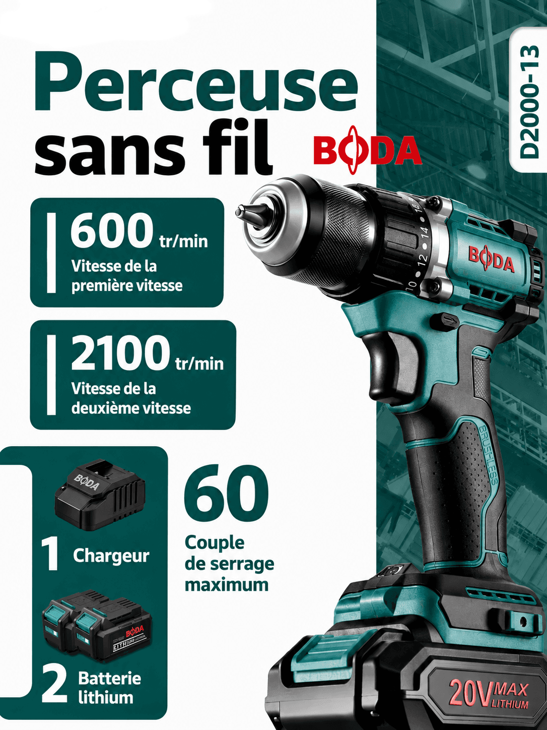 BODA PERCEUSE SANS FIL 20V d2000-13 — صورة 1